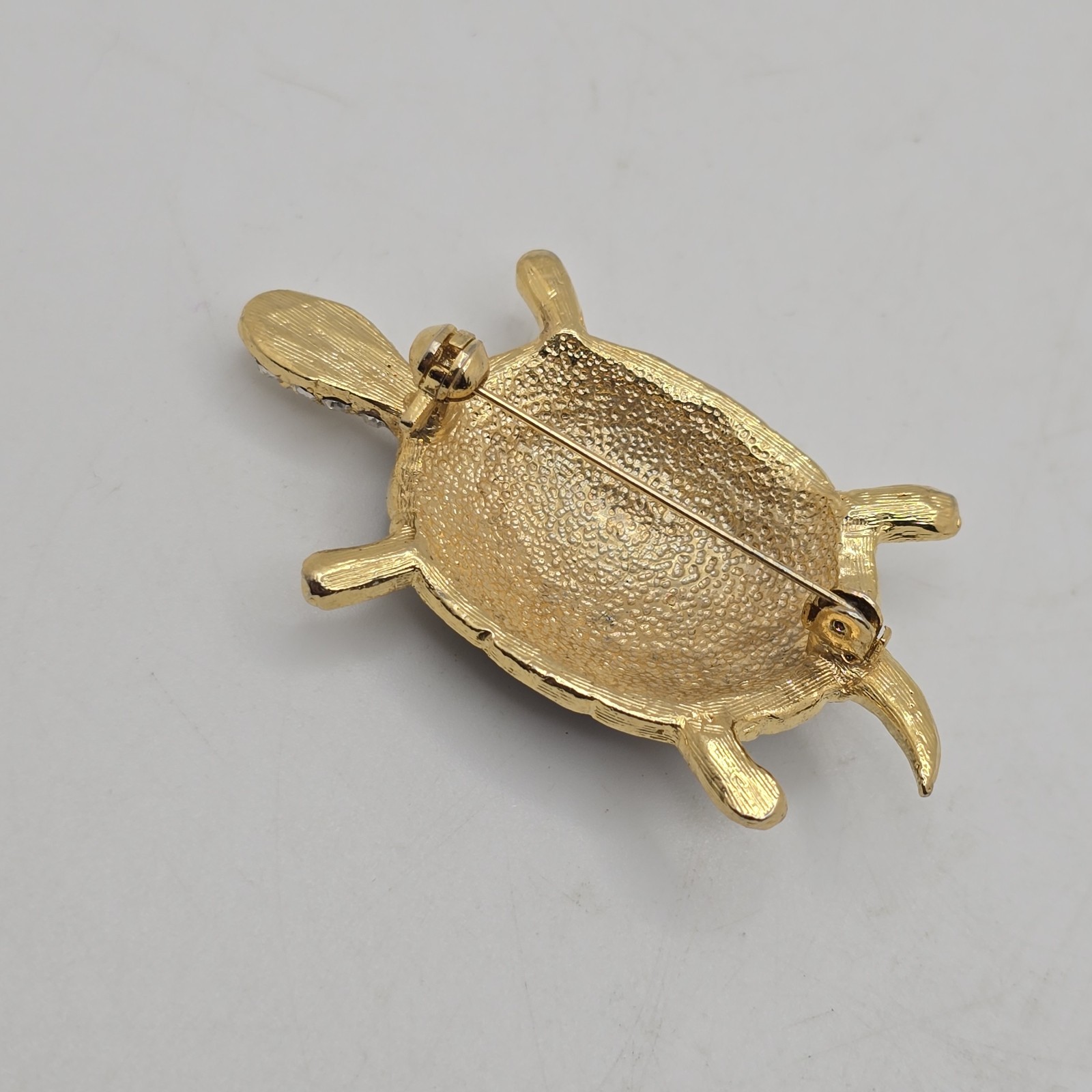 Vintage Turtle Brooch Pin Blue Green Enamel Gold Tone Clear Rhinestones