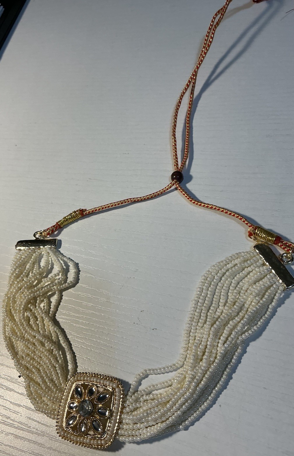 15 Strands Of Small White Beads Sq. With Teardrop Gems Choker GoldTone Unbranded