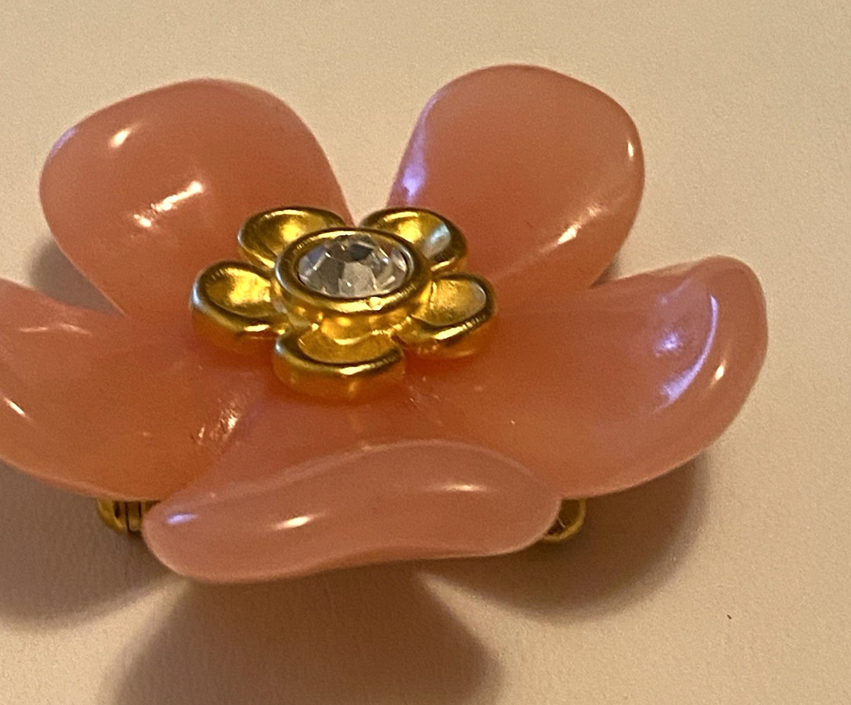 Vintage Givenchy Flower Brooch Pink Petals and Gold Tone Rhinestone Center Pin