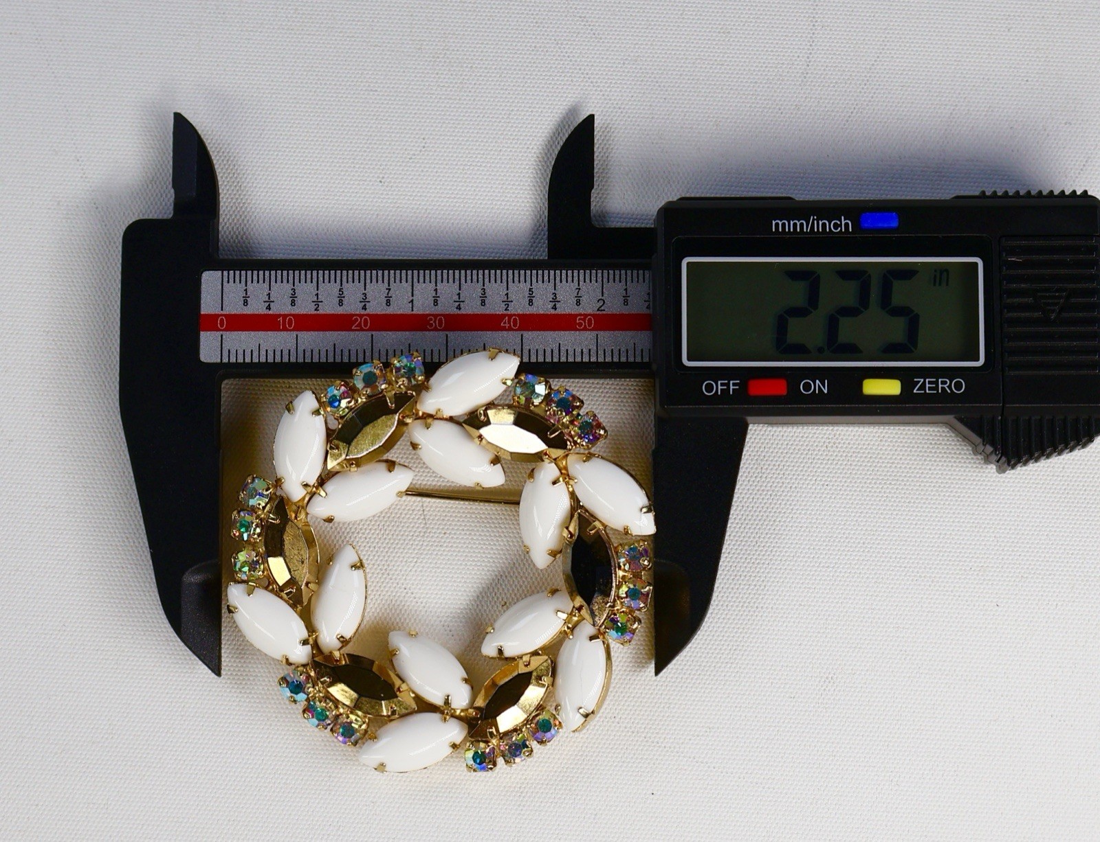 Vintage Rhinestone Wreath Brooch Milk Glass AB Stones Gold Navettes Gold Tone