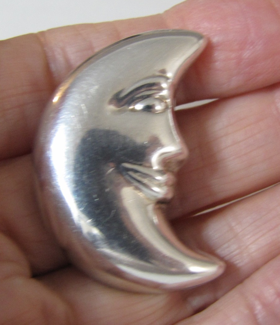 Sterling Silver Crescent Moon Pin Brooch Celestial Smiling Face Vintage SU 925
