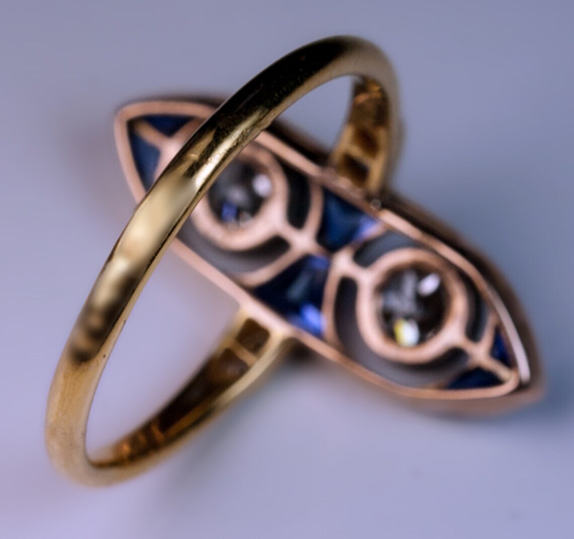 Two Round Moissanite & Fancy Blue Unique Long Finger Estate Ring 10K Rose Gold