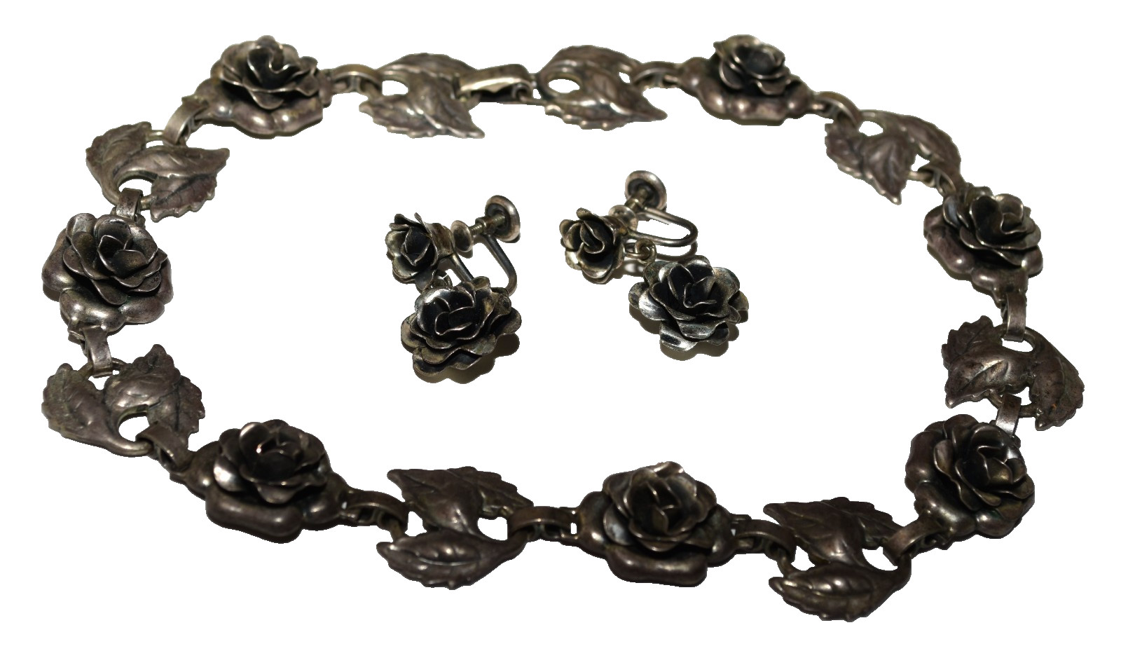 Vtg Danecraft Sterling Silver Rose Leaf Overlay Necklace Earrings Set 58.3 Grams