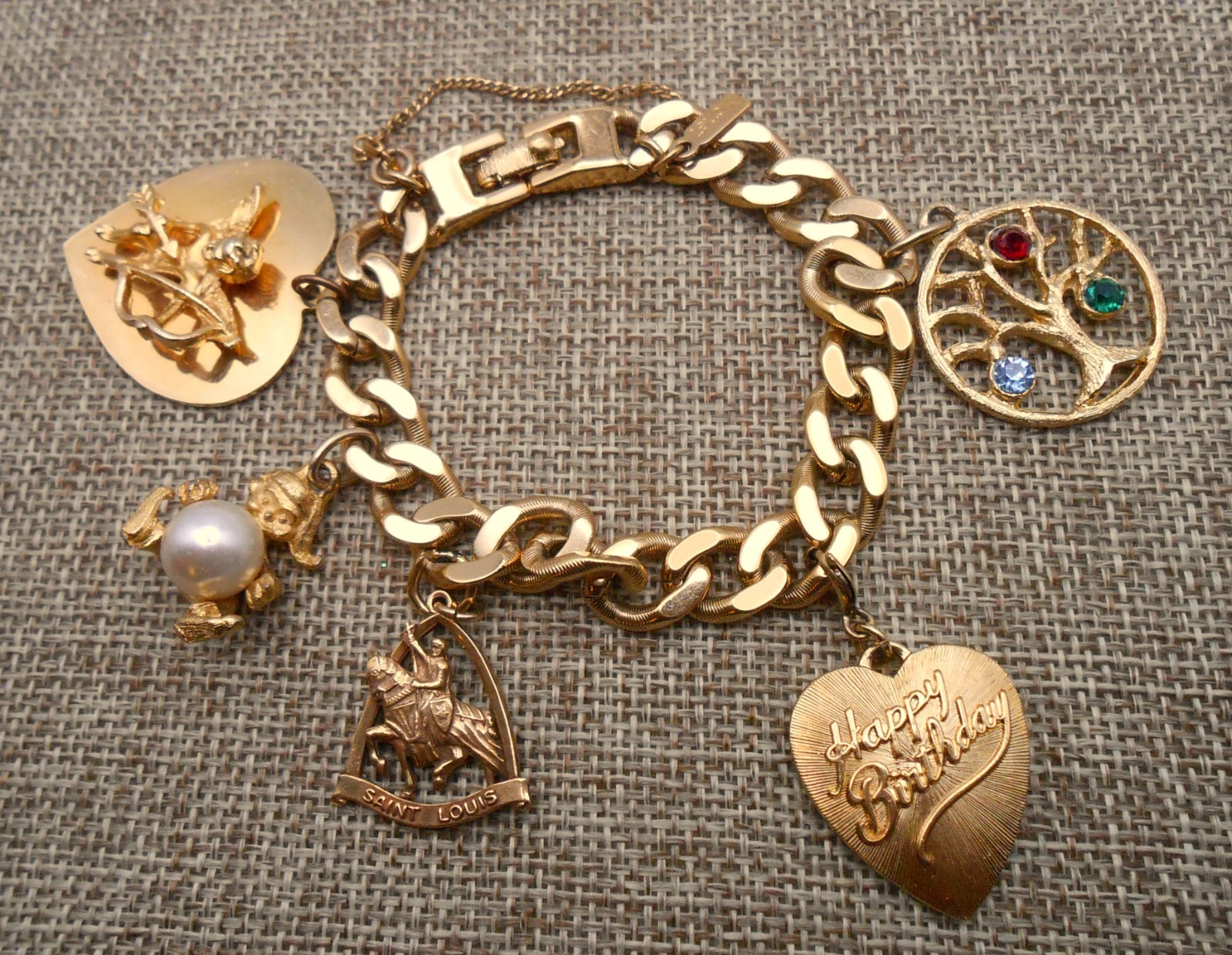 MONET Charm Bracelet & 5 Charms Birthday GF St Louis Family Tree Cupid Elf N30