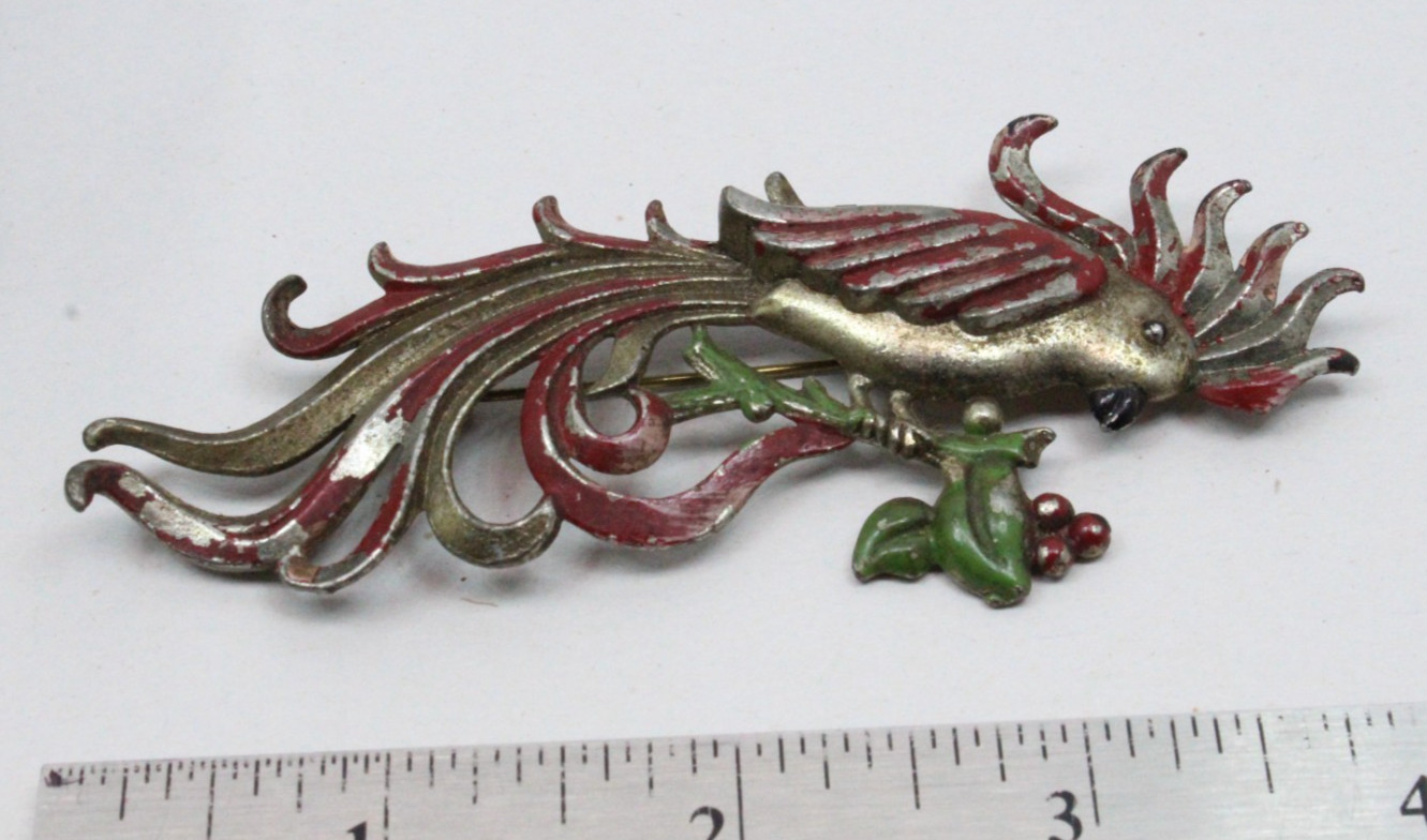 Vintage Metal Parrot Cockatoo Brooch 4-inch Red/Green