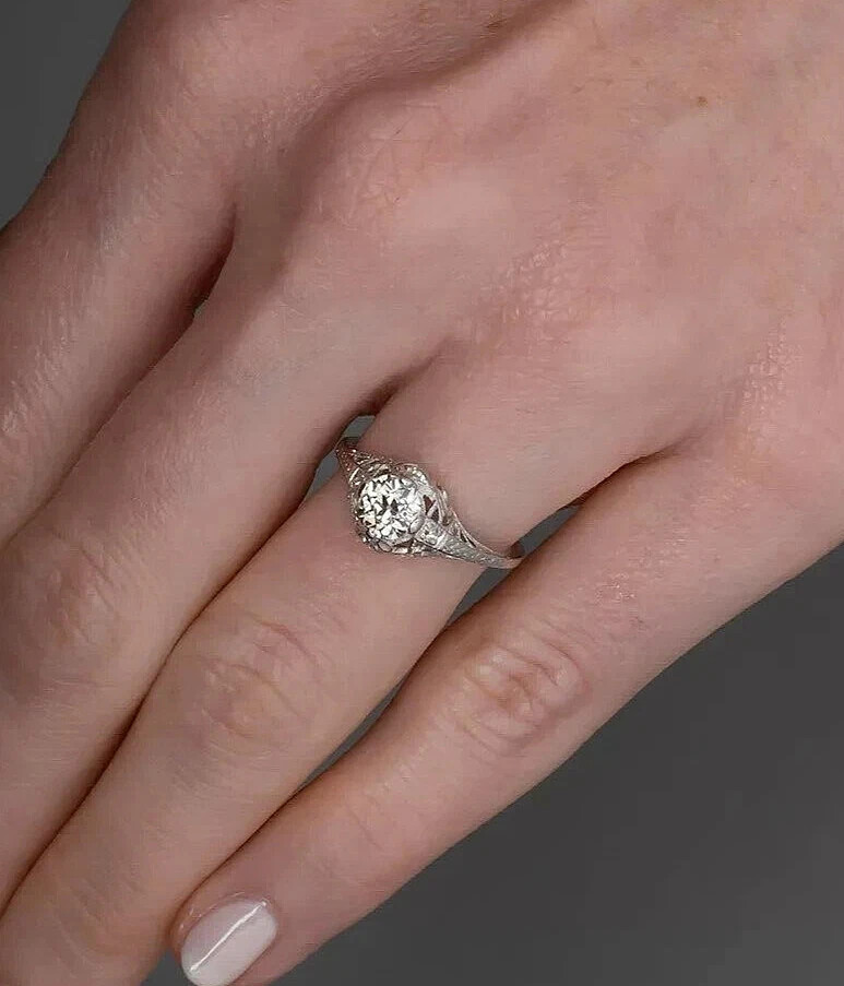Art Deco Vintage Style Round Lab Created Diamond Wedding Ring 14K White Gold FN