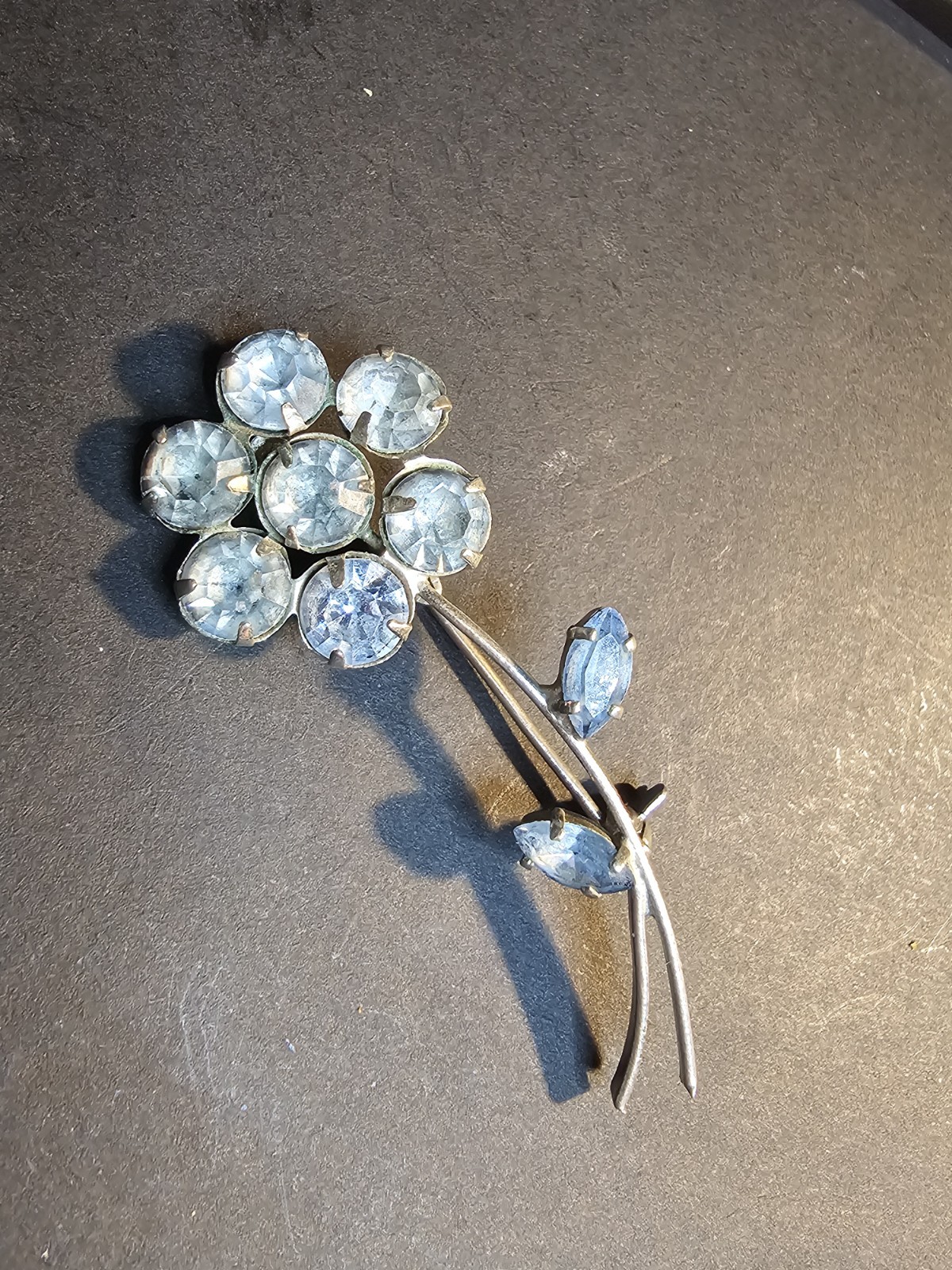 Vintage Azub Austrian Light Blue Crystal Flower Brooch Silver Tone Stem Leaves