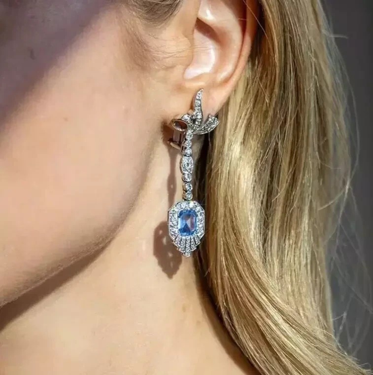 Art Deco 5.50CT Real Blue Topaz Earring Vintage 925 Silver Drop Dangle Halo
