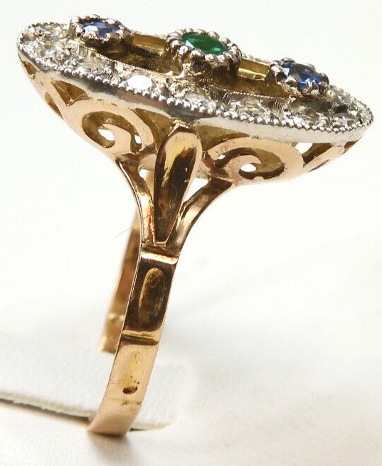 Victorian Emerald Sapphire Diamond Engagement Ring Size 6.75 UK-N 18KY EGL USA