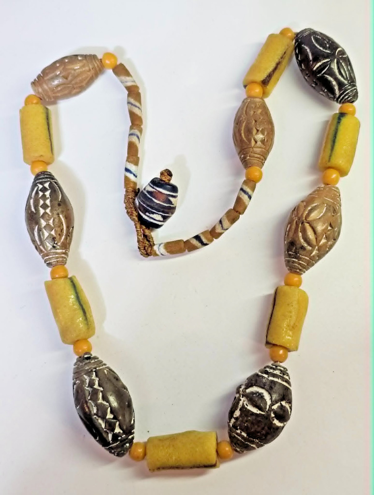 Tibetan Dzi/ African Trade? Necklace Large Yellow Glass Brown Ceramic Beads Boho