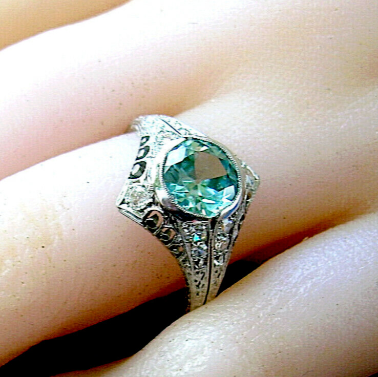 NATURAL EARTH MINED Blue Zircon DIAMOND PLATINUM ORIGINAL DECO Engagement Ring 8