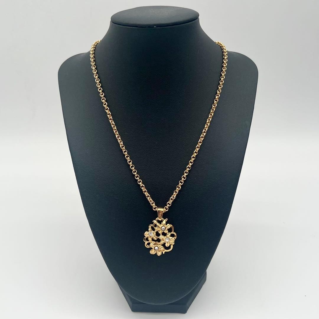 YSL Yves Saint Laurent Vintage Floral Necklace Gold Tone Rhinestone Rare Jewelry