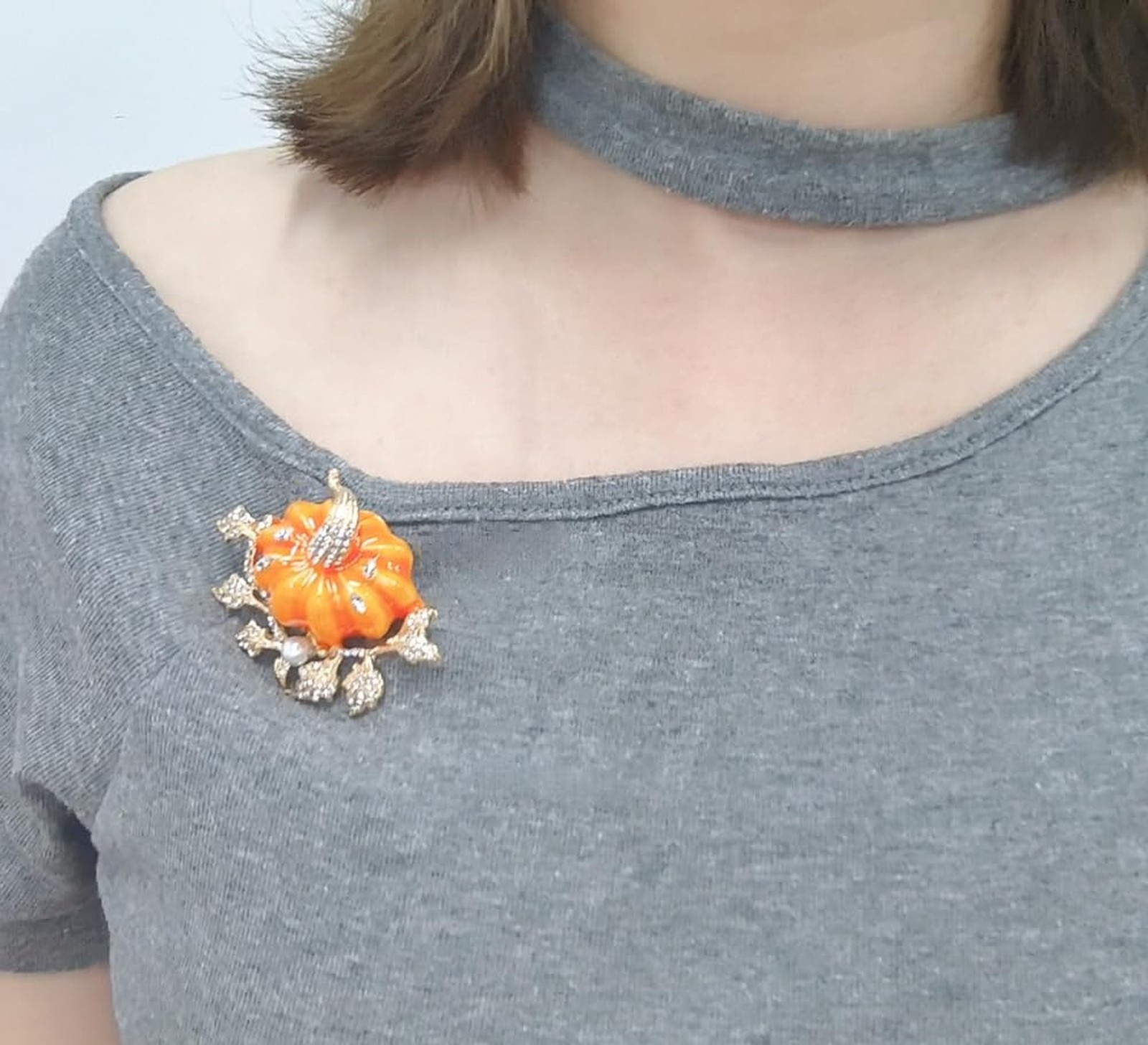 Rhinestone Autumn Pumpkin Brooch for Women Girls Gold Plated Fashion Enamel H…
