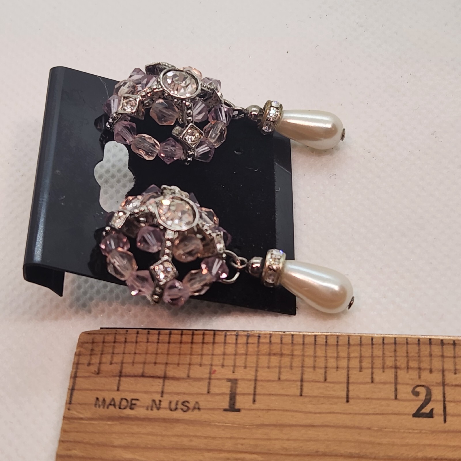 Purple Beadwork Rhinestone And Faux Pearl Dangle Earrings