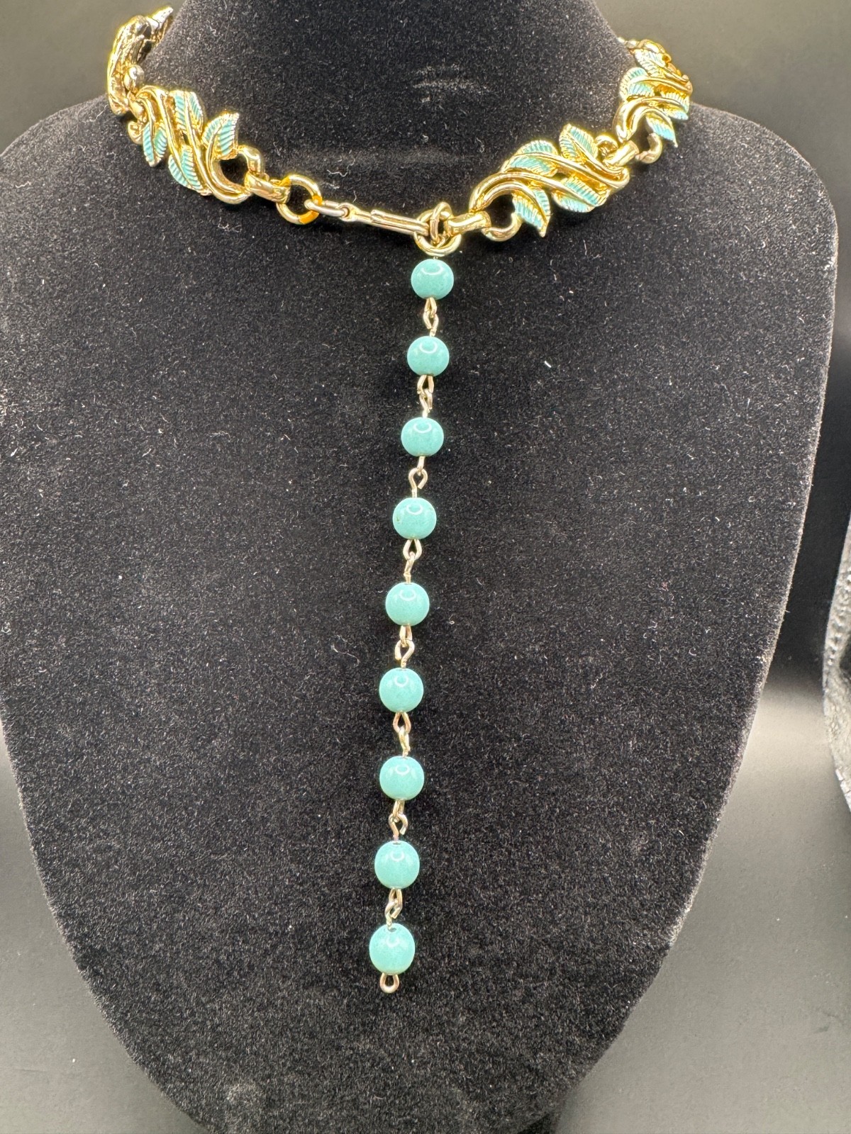 Vintage Gold Tone Blue Enamel Leaf Necklace Adjustable Bead Dangle Choker