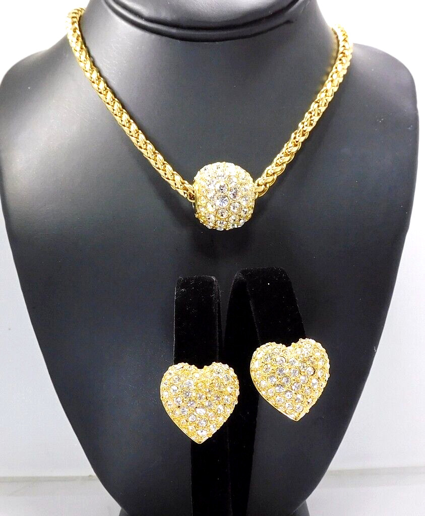 Joan Rivers Crystal Pave Sliding Ball Pendant Necklace and Heart Clip Earrings