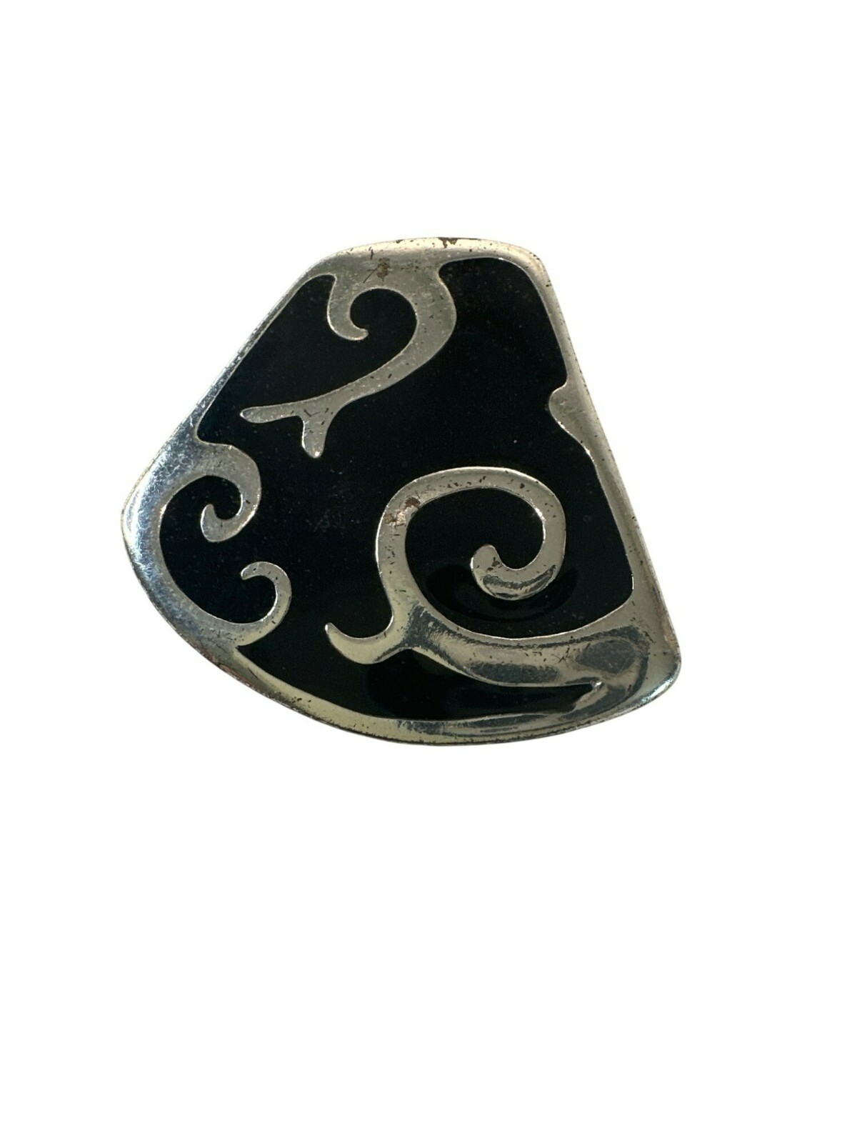 Vintage Silver Tone & Black Enamel Abstract Pendant for Necklace Art Boho