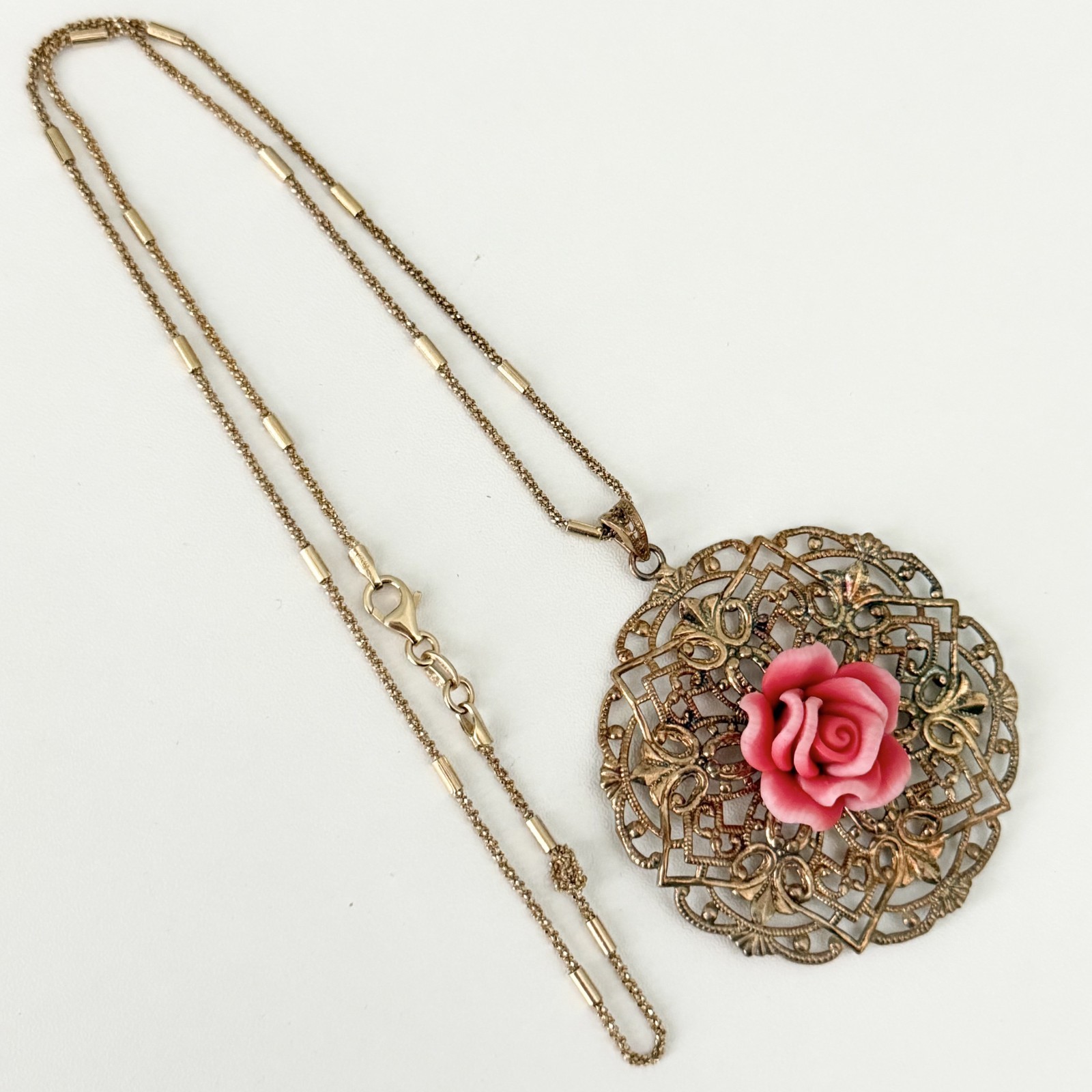 Vintage 925 Italy Sterling Silver Gold Vermeil Pink Rose Filigree Necklace