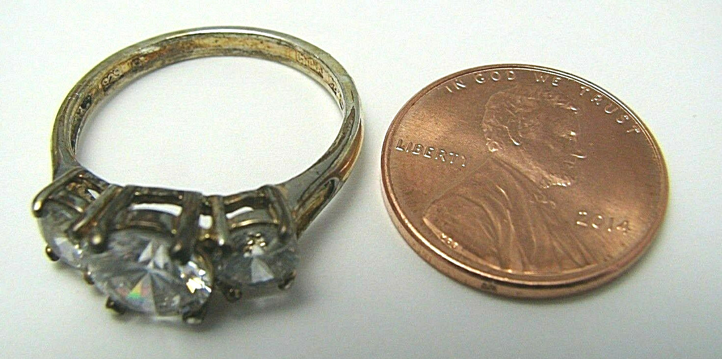 GOLD PLATED STERLING SILVER RING THREE CZ CUBIC ZIRCONIA 3 IDEAL ROUND CUT Sz 8