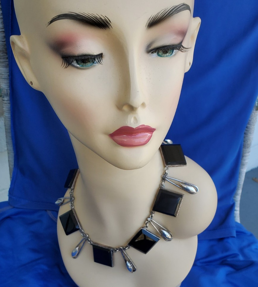 Original STERLING SILVER 925 Deco Onyx Modernist Necklace 186 Gr Vintage 18″ In