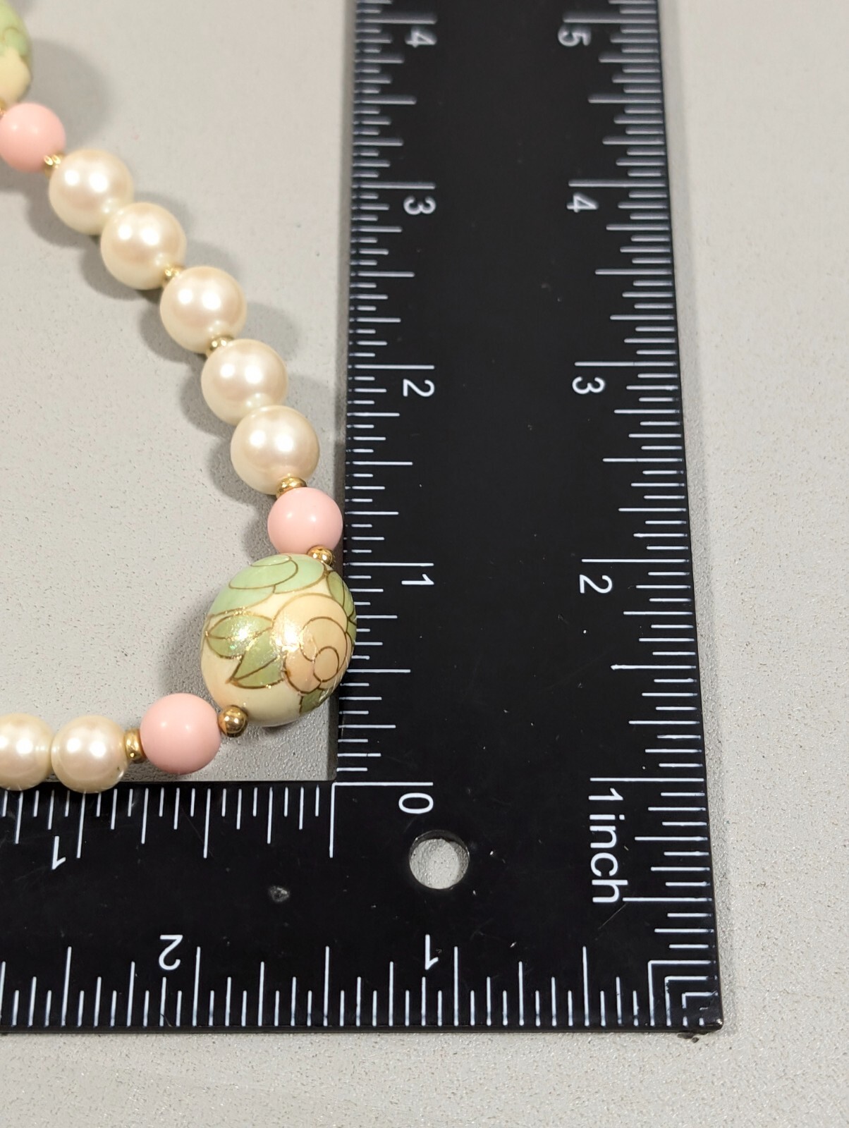 Vintage Peach Green Rose Flower Faux Pearl Beaded Necklace 30 in