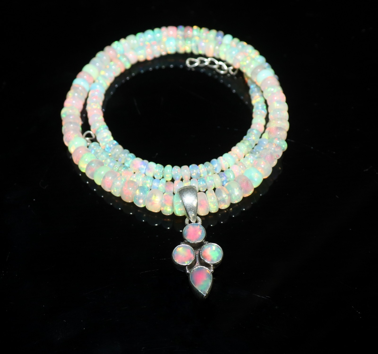 Natural Ethiopian fire opal beaded necklace with sterling silver opal pendant