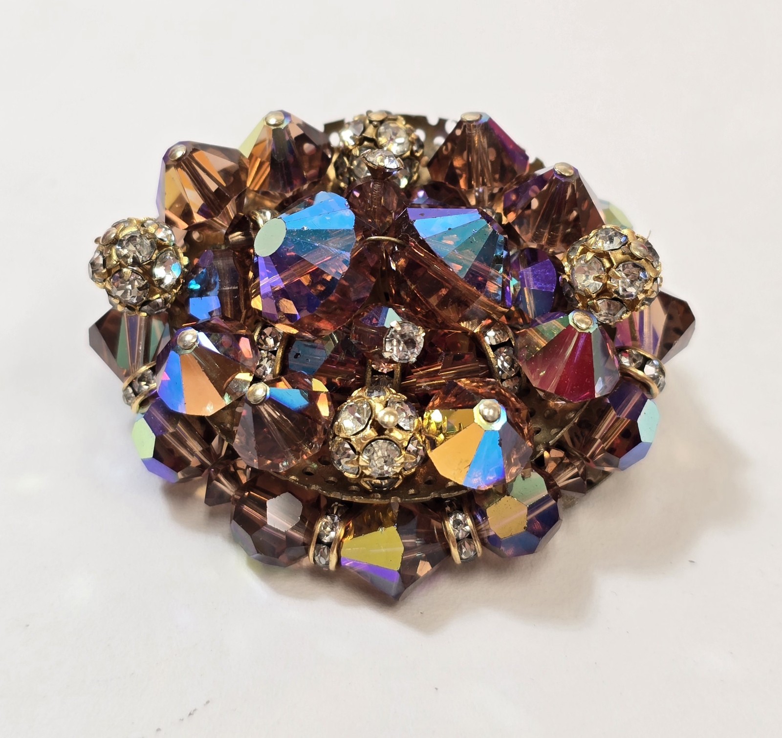 Vintage Large Clear Rhinestone Layered Dark Topaz AB Crystal Bead Brooch