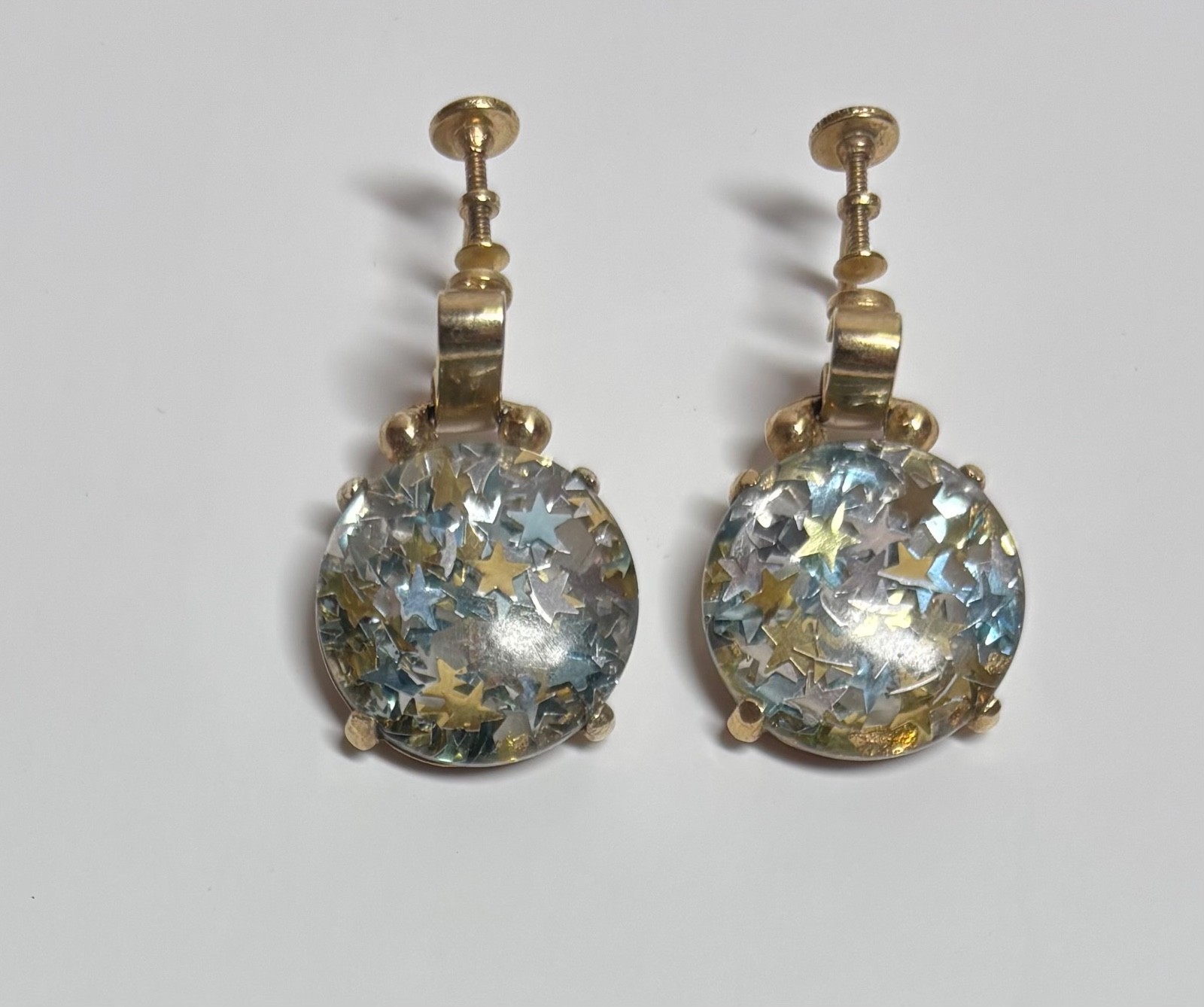 Vintage MYJS Gold-plated Drop Earrings Round Resin w Star Confetti Screw Back