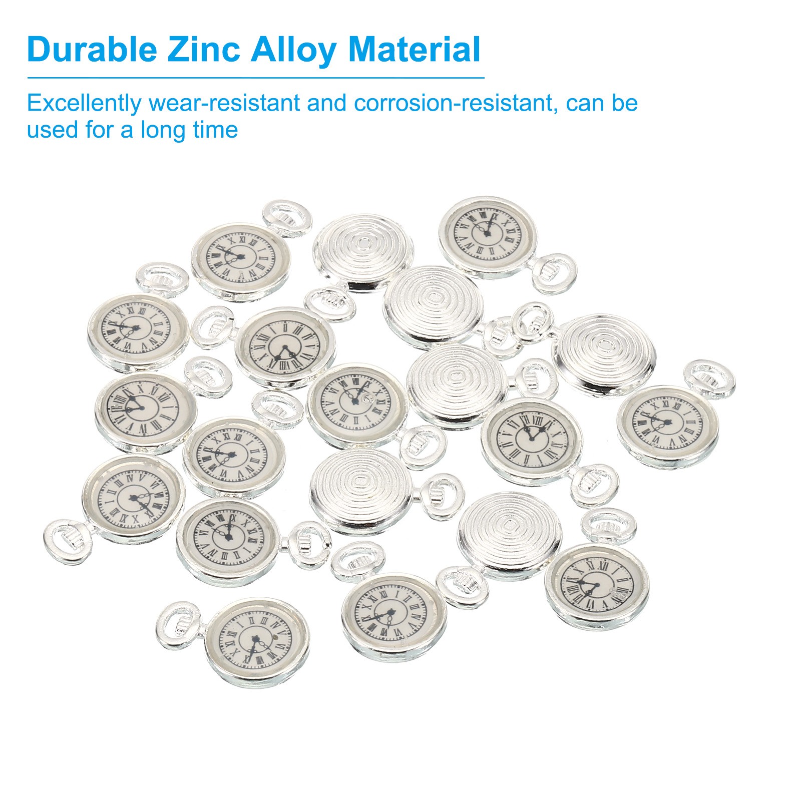 30Pcs 0.67×0.43″ Zinc Alloy Watch Clock Charm Pendant, Silver Tone