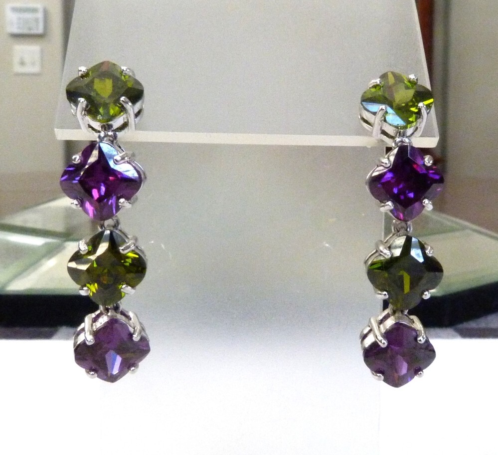 DESIGNER JJJ PURPLE & GREEN CRYSTALS STERLING SILVER DANGLE EARRINGS 1 5/8″ LONG