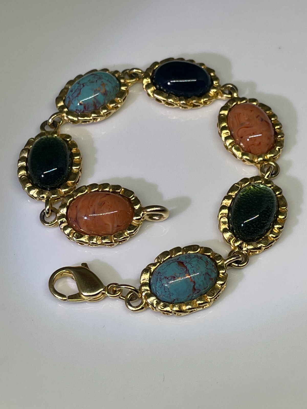 Vintage Unknown Designer Goldtone Metal Open Link Glass Cabochons Bracelet