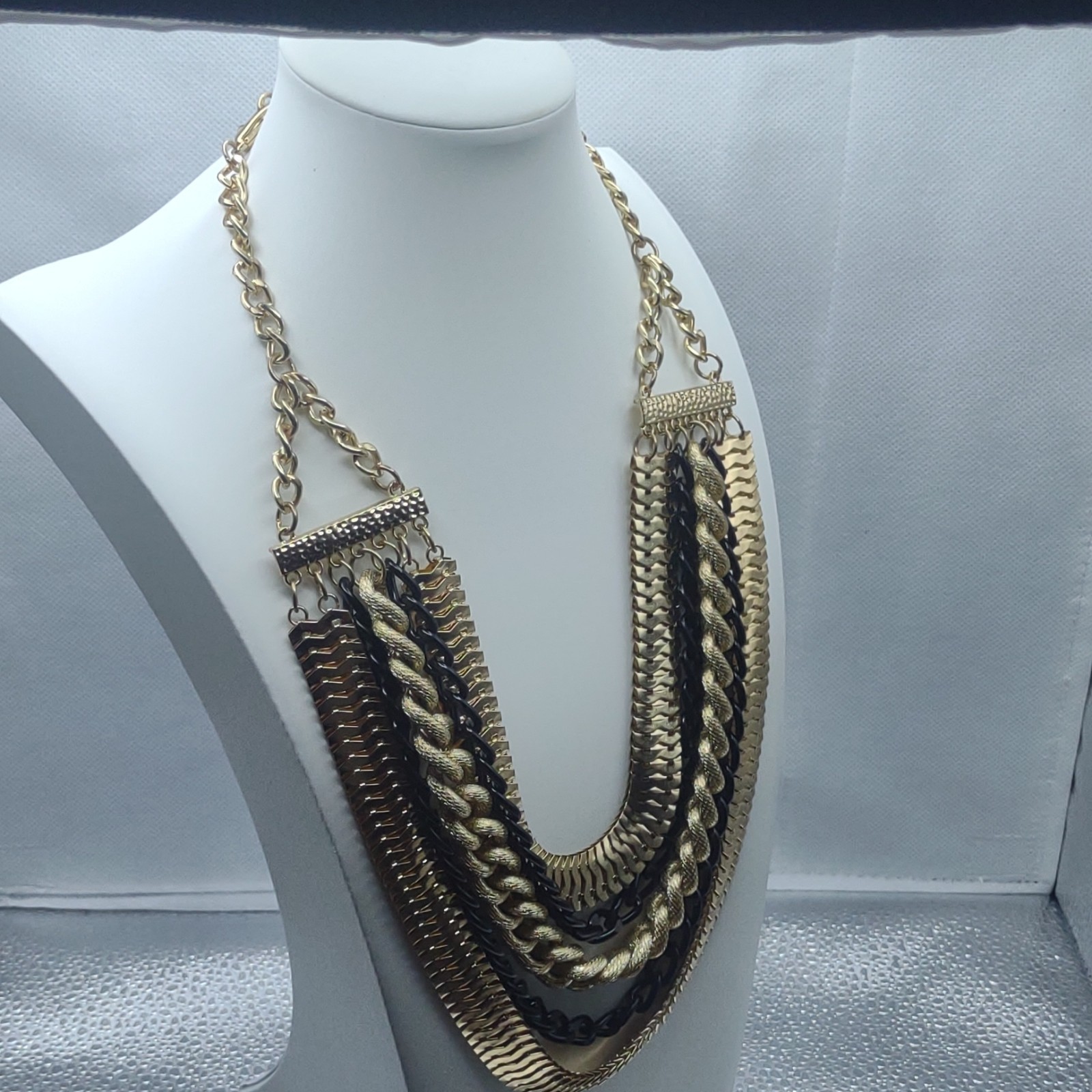 Chicos Gold Layered Chain Bib Necklace Long Adjustable