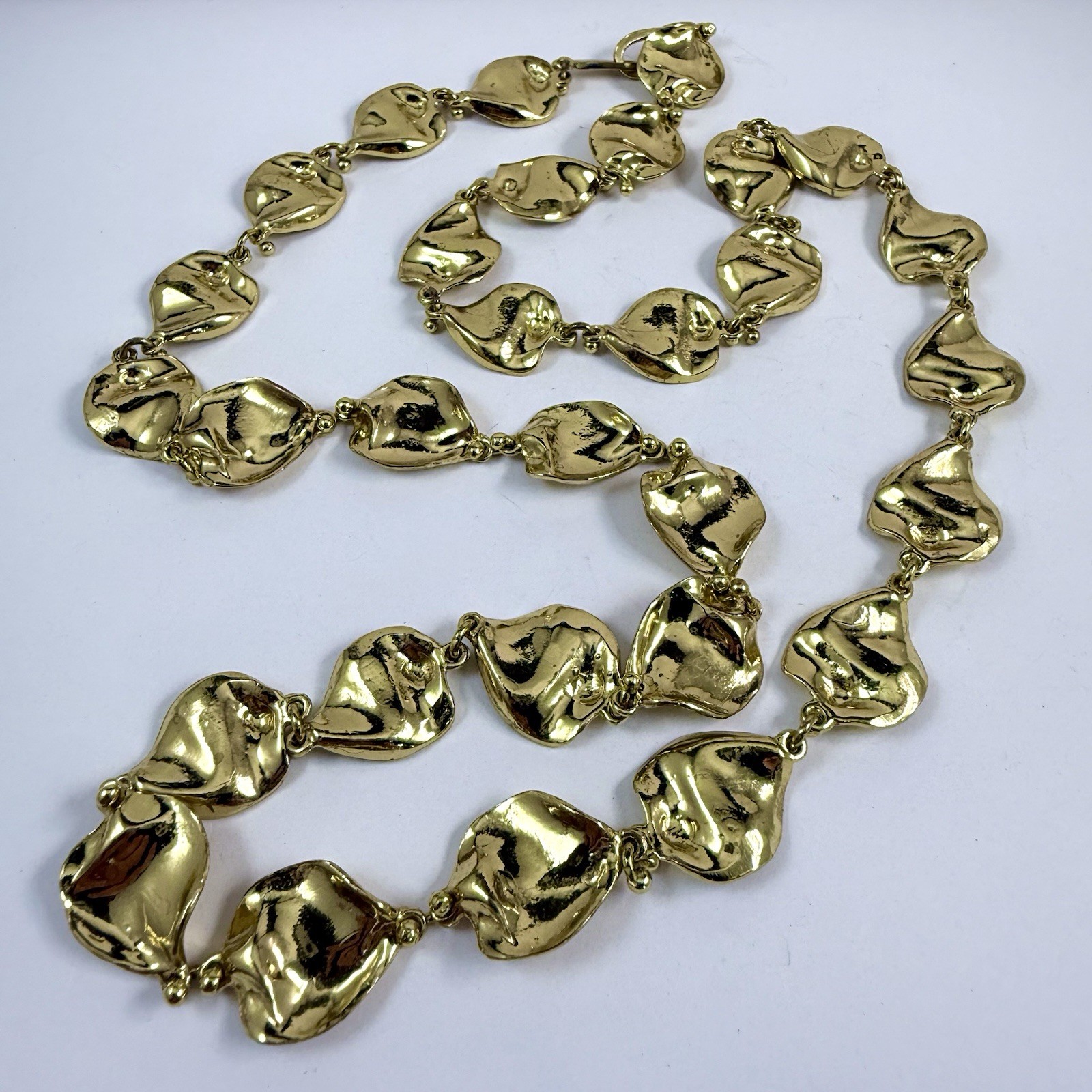 Vintage Anne Dick Signed Beautiful Brutalist Necklace Gold Tone 26”