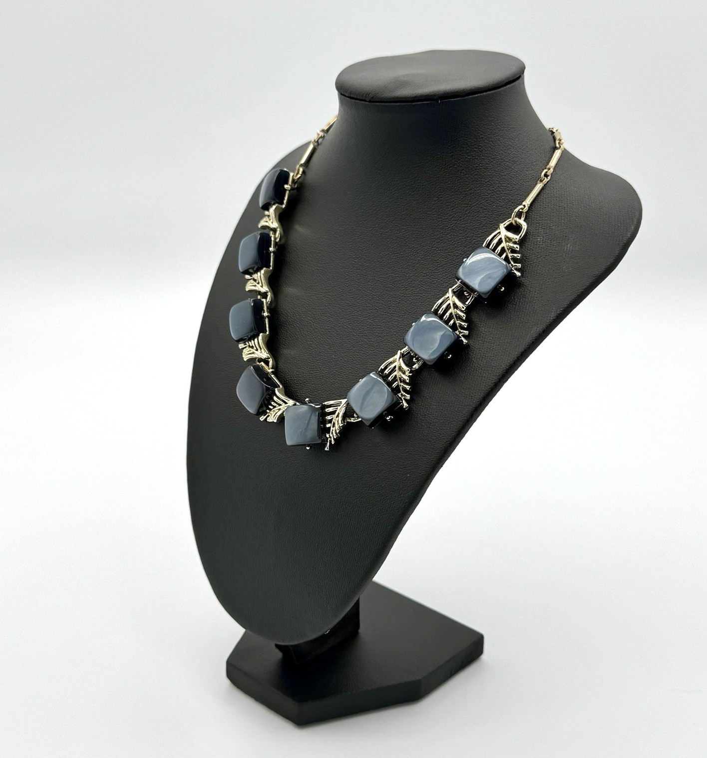 Vintage Coro Thermoset Necklace Blue Gray Leaf Choker Gold Tone Mid Century