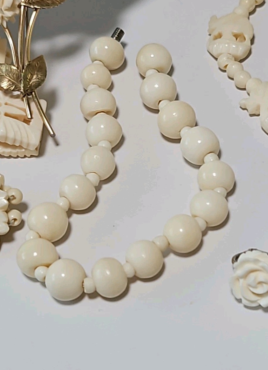 Vtg LOT Graduated Carved Rose Bead Elephant Necklaces Krememtz Rose Brooch ERs +