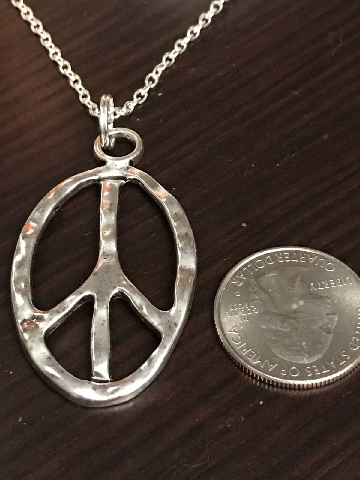 60’s Boho Peace Sign Jagged Edge Retro Tibetan Silver Charm Necklace 18″