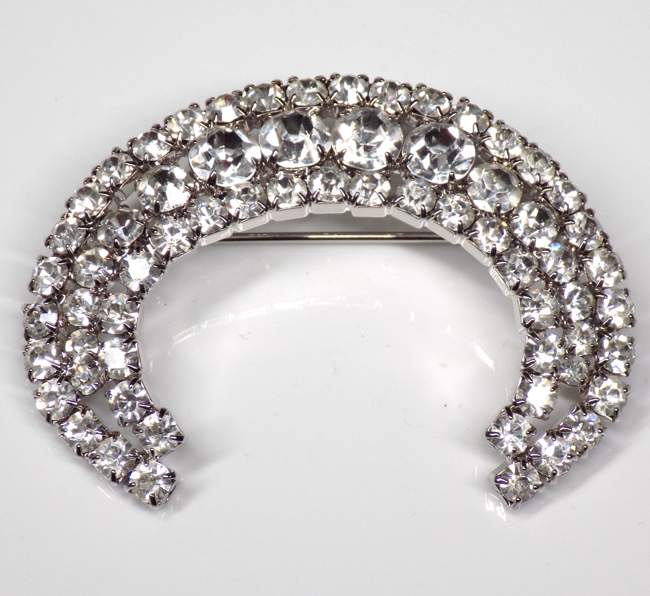 Vintage Big Rhinestone Brooch White Colorless Stones Silver-tone Crescent Moon