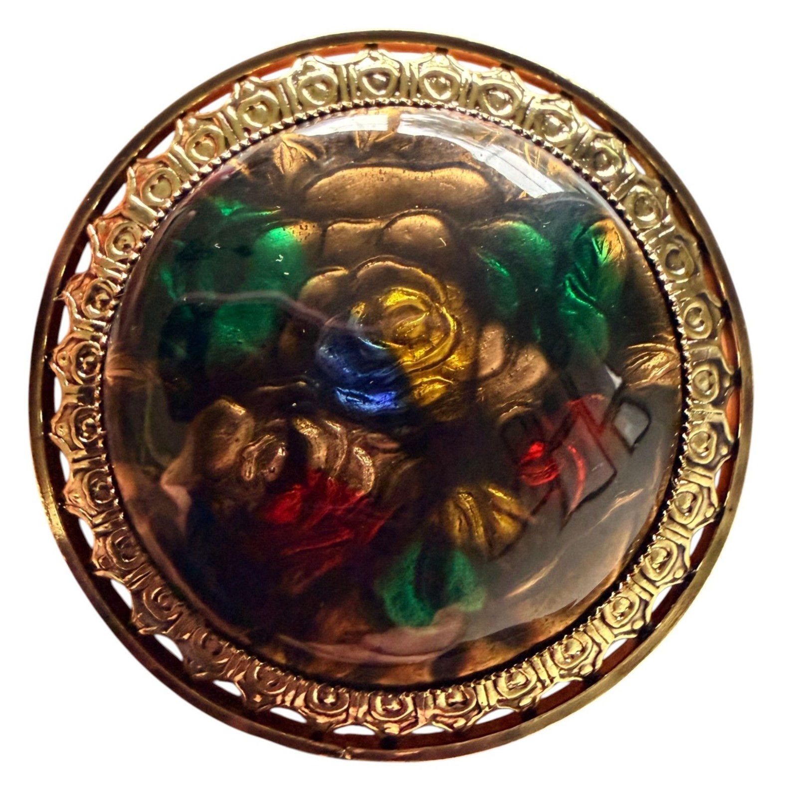 Vintage Reverse Carved Lucite Brooch Gold Tone Floral Pin 1950s New Old Stock