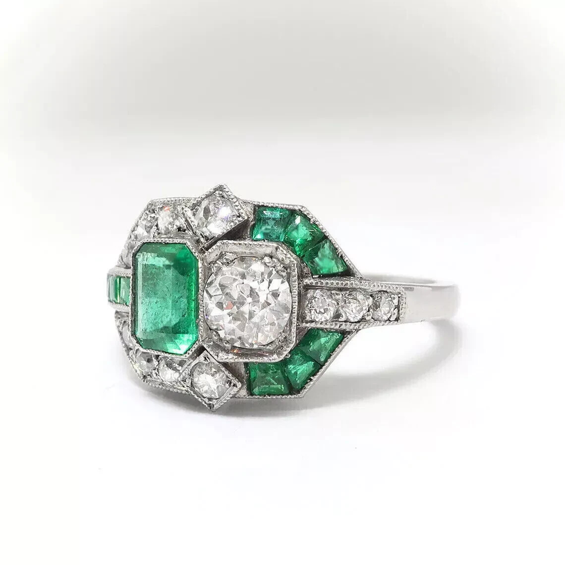 Art Deco Style 4.2Ct Green Lab Created Emerald Engagement 14K White Gold FN Ring
