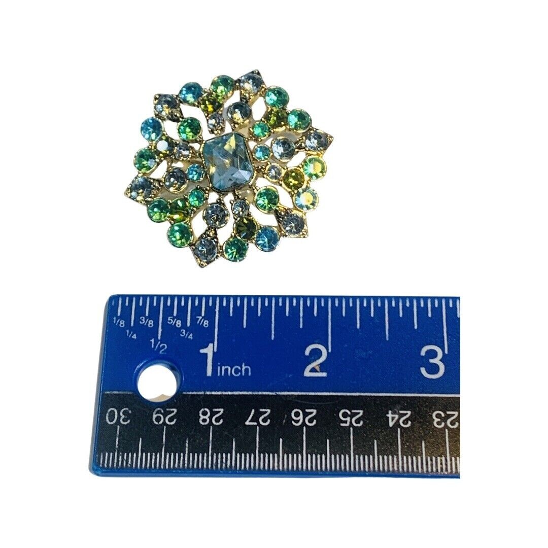 Liz Claiborne Green Rhinestone Brooch Pin 2” Gold Tone Flower