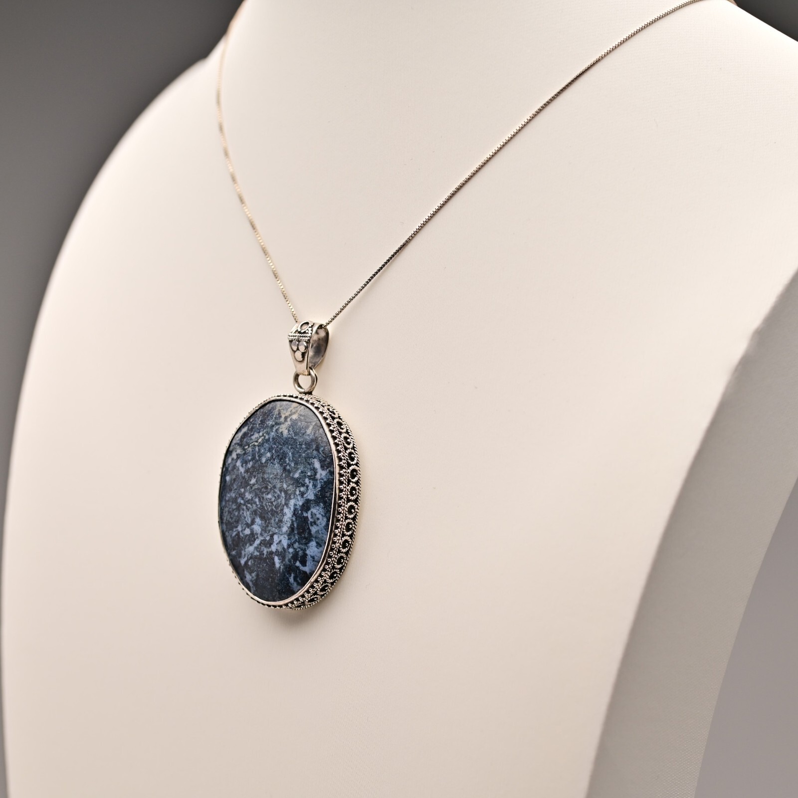 Vintage Original Sterling Silver Dumortierite Gemstone Pendant Estate Necklace