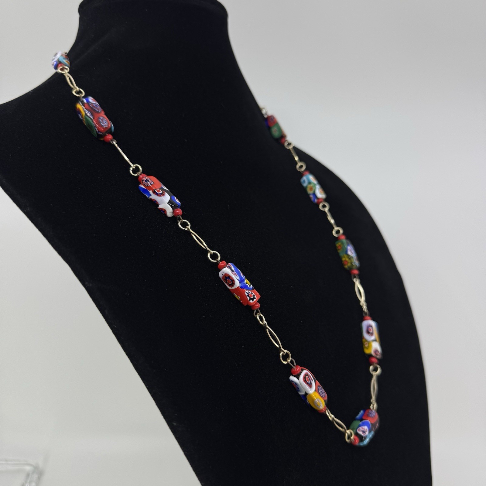 Vintage Millefiori Rectangle Glass Bead Necklace Gold Tone 29”