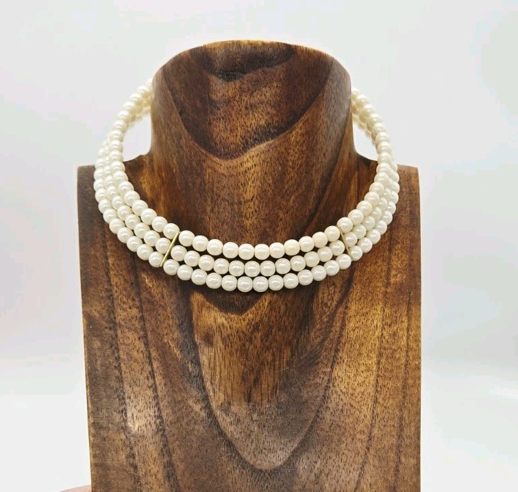 Faux Pearl Choker Necklace Three Row Gold tone Vintage Beaded Victorian