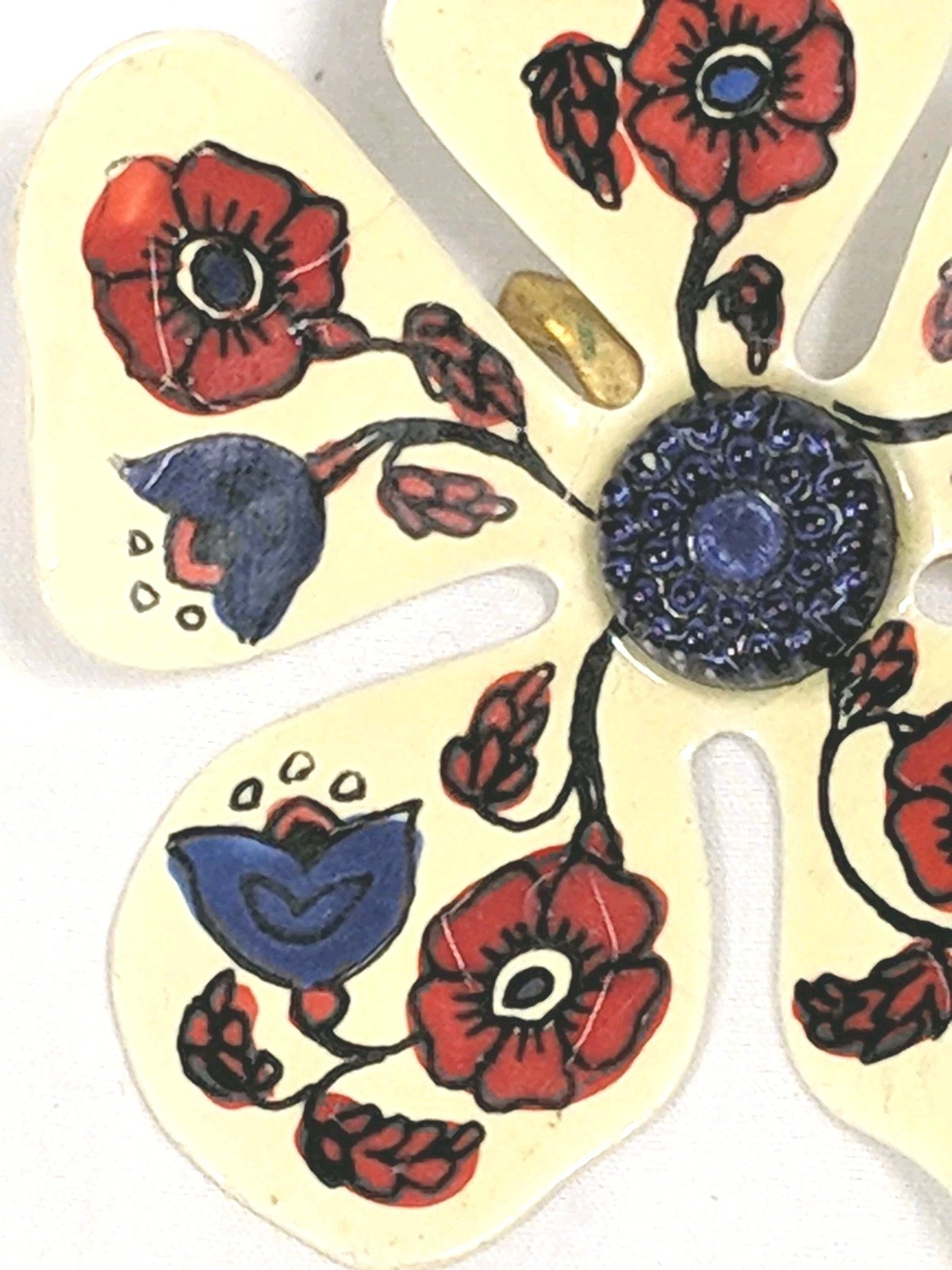 W Germany Flower Brooch Ceramic Hand Painted Traditional Floral Design Red Blue