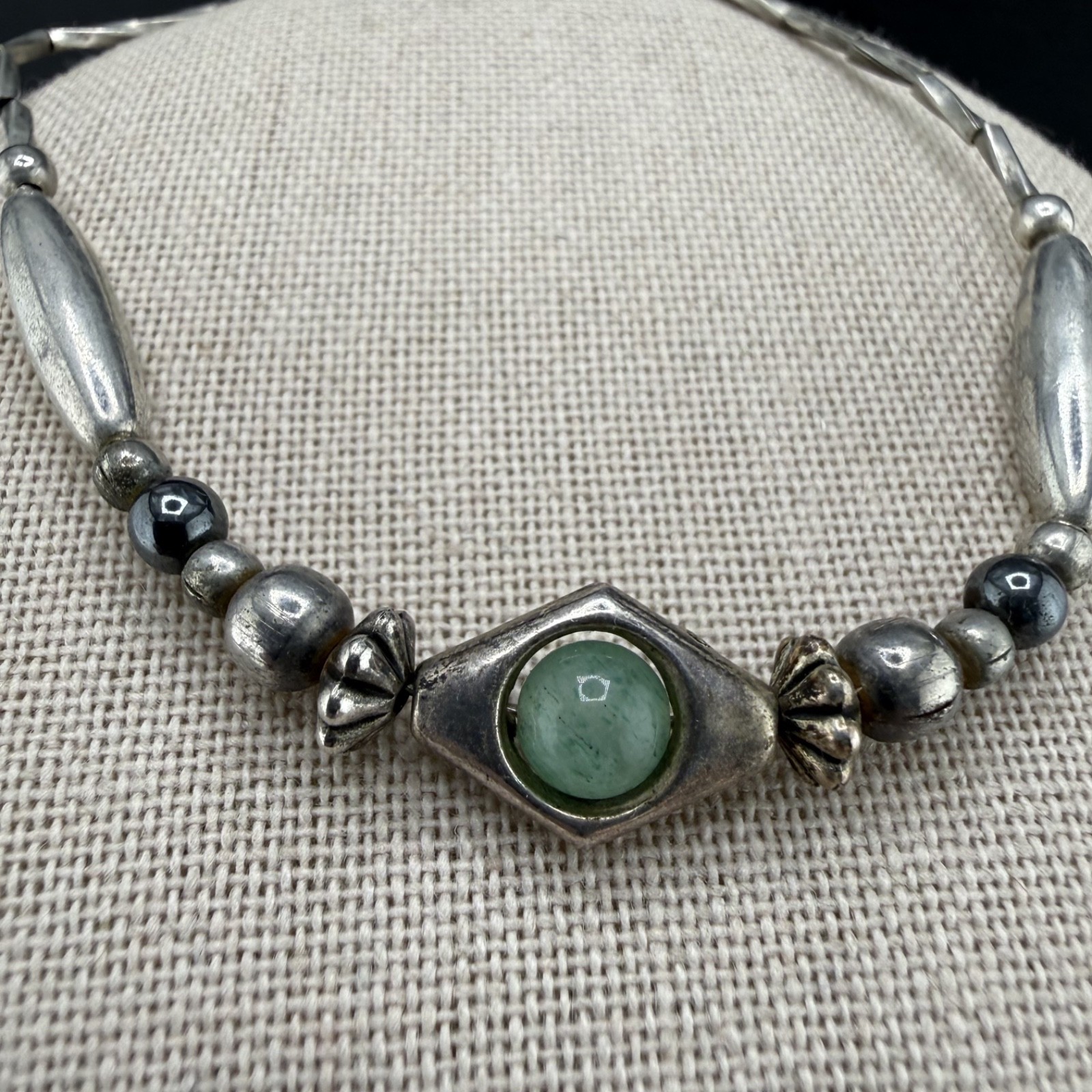 Vintage Necklace Bracelet Set Silver Tone Polished Stone Statement 19” 8”