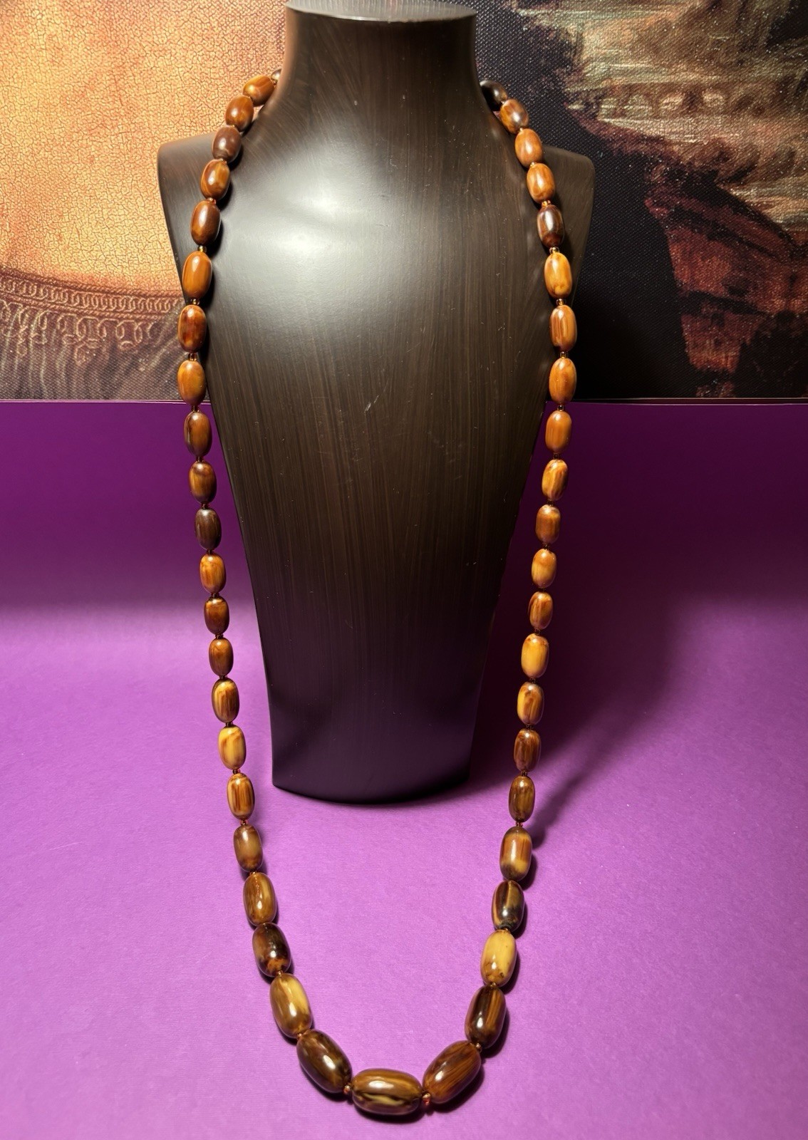 VINTAGE MARBLED ART DECO CARAMEL BUTTERSCOTCH EGG YOLK BAKELITE NECKLACE 137g