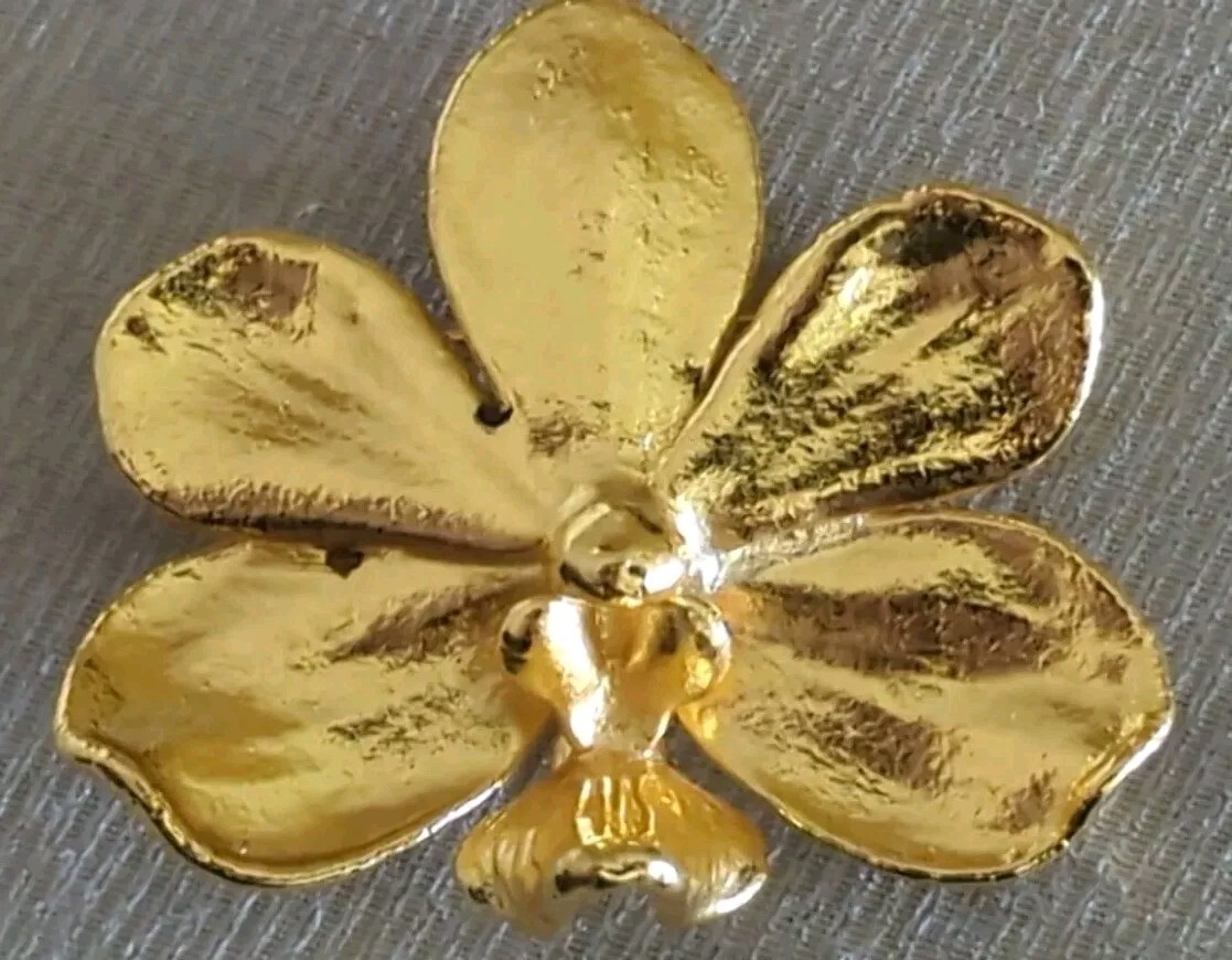 Vintage RISIS Singapore 24K Gold Plated Single Orchid Flower Brooch Pin – READ
