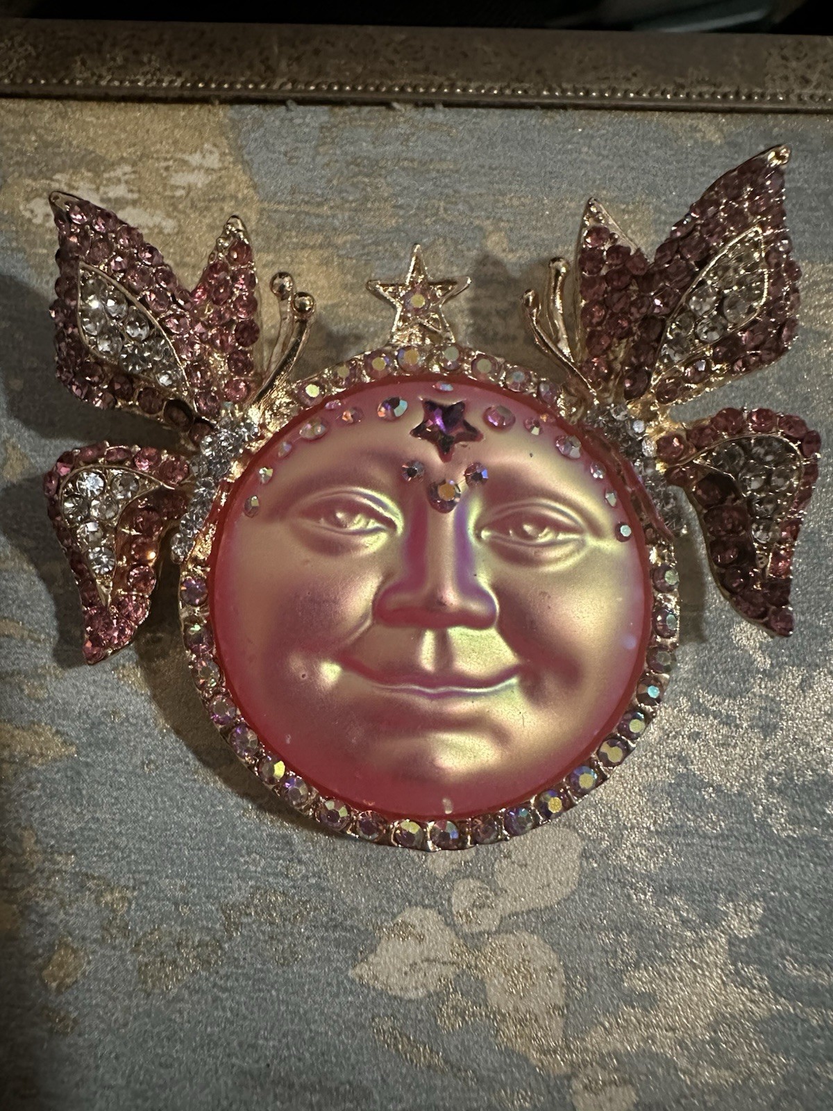Pink Moon Glow Rhinestone Celestial Brooch