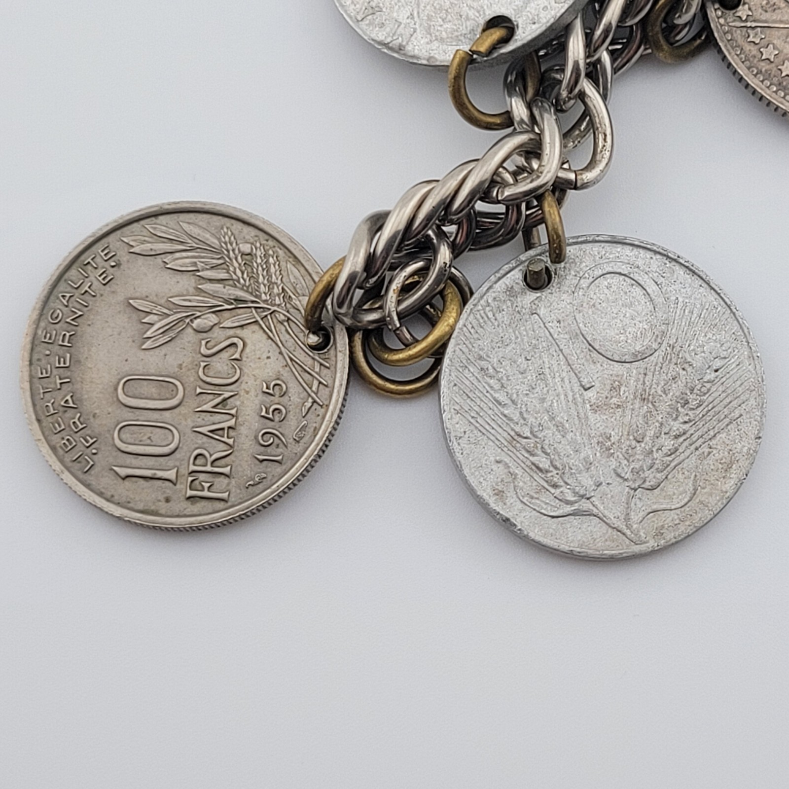 Vintage Coins From Around the World Charm Bracelet Souvenir 1924 to 1956 7.5″