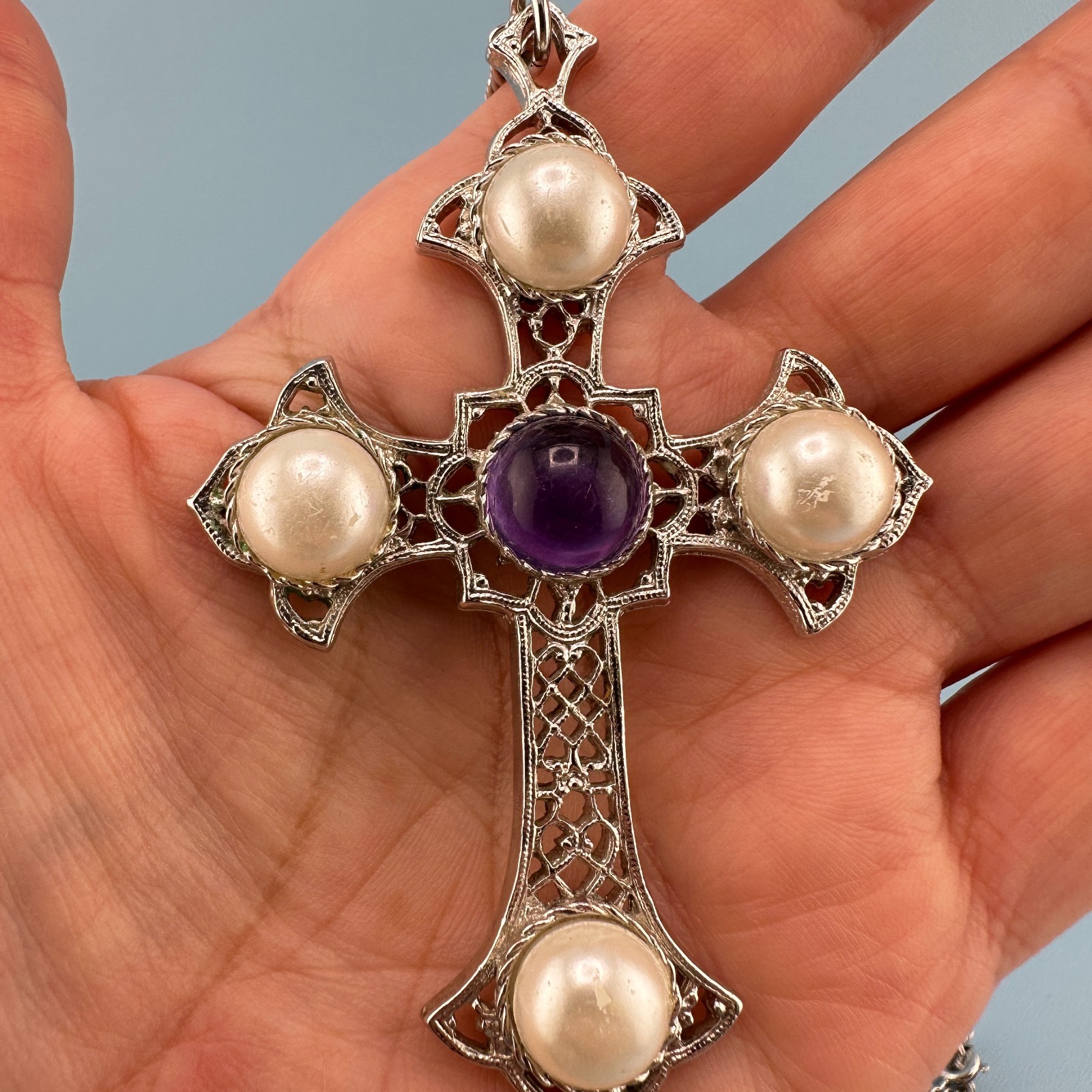 Vintage Cross Pendant Necklace LG Silver Tone Purple Cabochon Faux Pearl Signed
